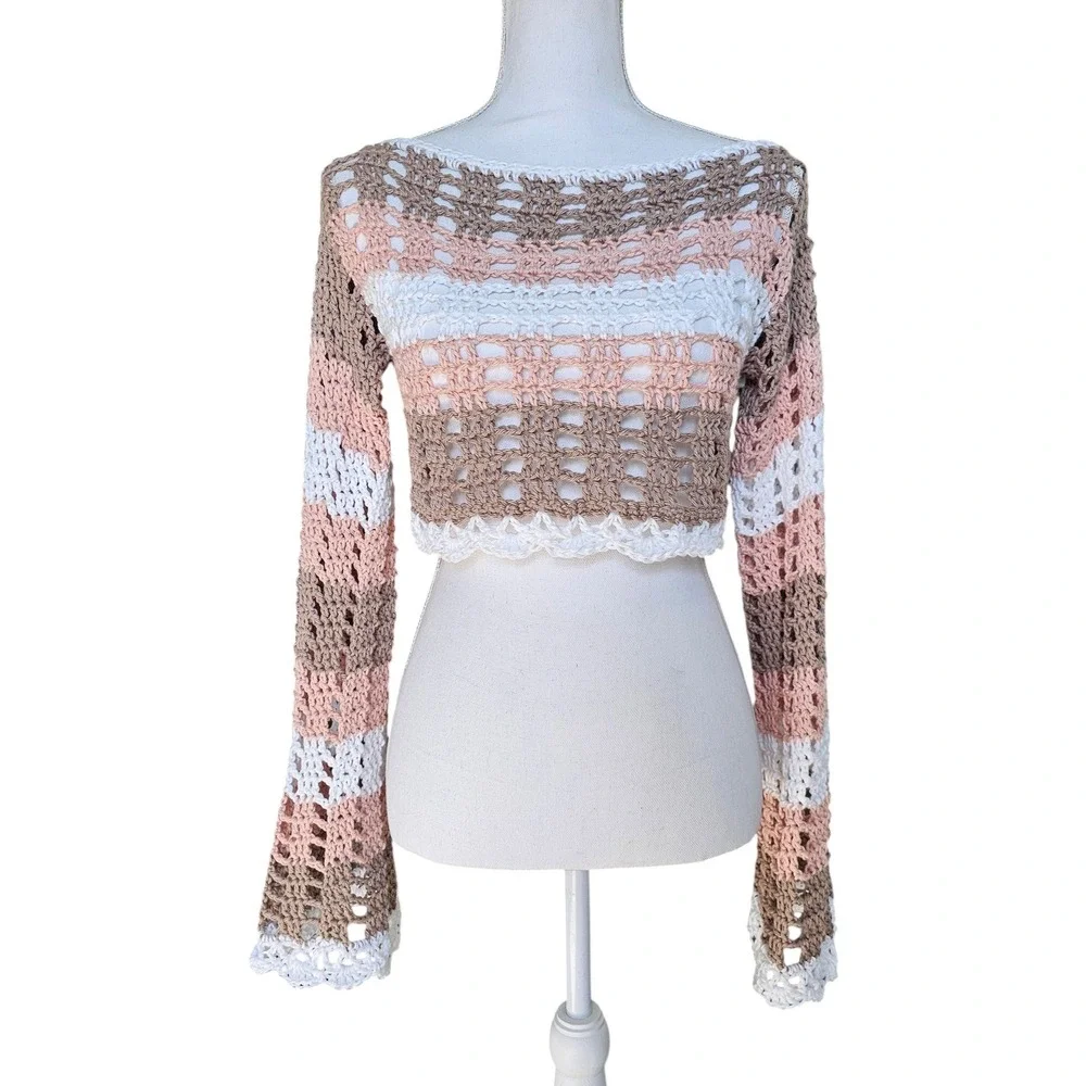 Handmade Crochet Boat Neck Bell Sleeve Crop Top | Festival Fairy Boho Mesh Top